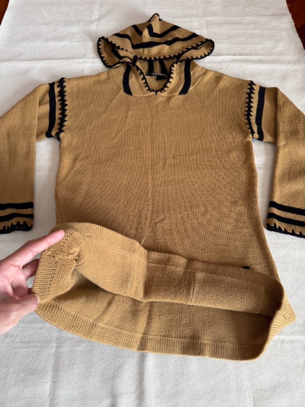 Knit Sweater Camel Tan Black Striped 70s Vintage Zado - Picture 9 of 16